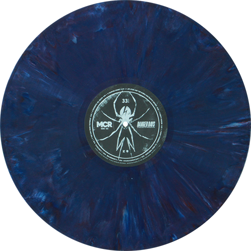 danger days vinyl, it’s a deeper blue with purple and lighter blue streaks. The center is a dark grey with the Killjoys’ American widow design printed across it and ‘MCR’ and ‘Danger Days’ on either side